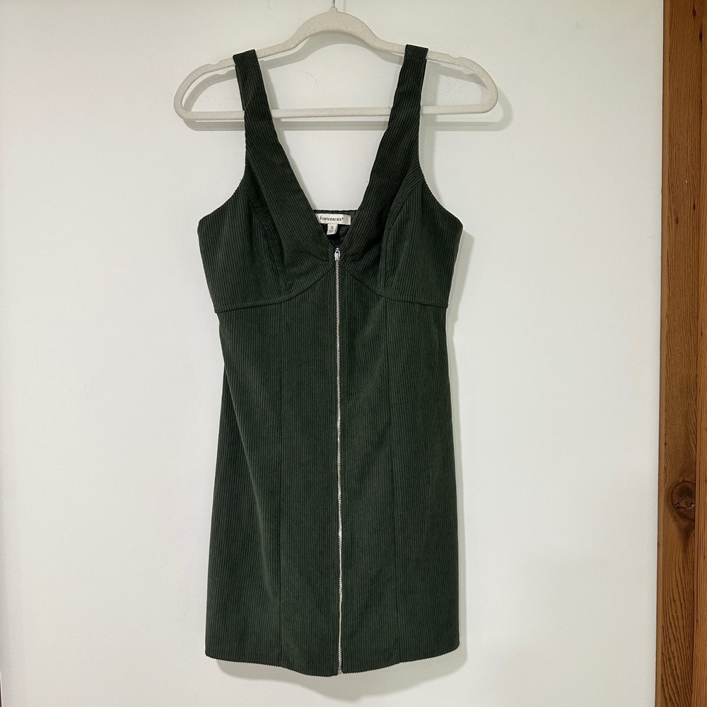 Francesca's Corduroy Mini Dress Womens S Green Sleeveless Full Zip Jumper